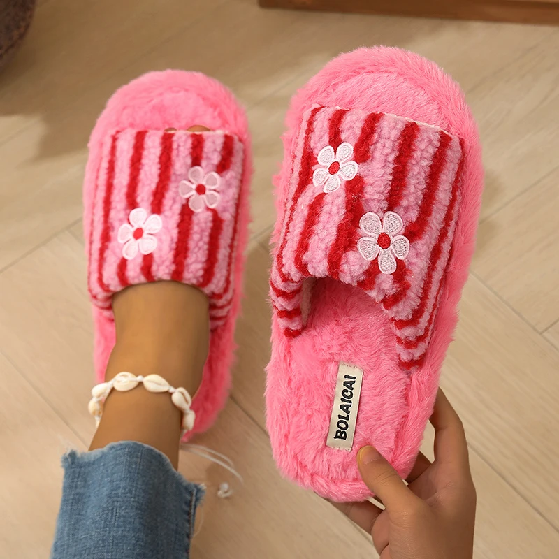 Indoor Plants - Flower Embroidery Stripe Plush Slippers Women