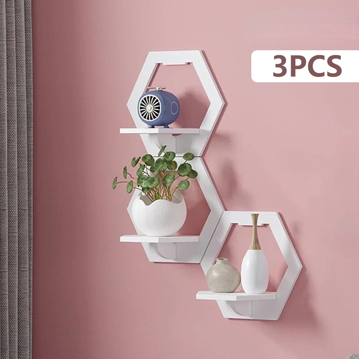 3Pcs Hexagon Wall Shelf Punch  - Terracotta Pot 评论和价格