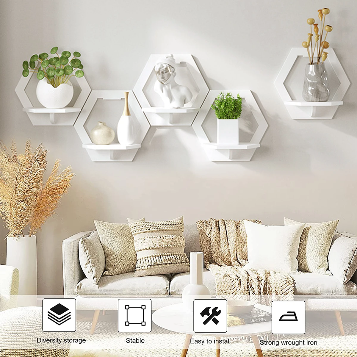 3Pcs Hexagon Wall Shelf Punch  - Terracotta Pot 评论和价格